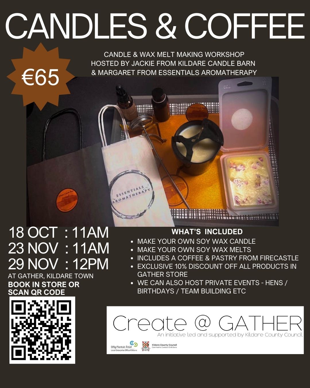 Candles & Coffee Candle Making Workshop Poster. Shows Candles & Wax Melts and Candle Making Equipment.