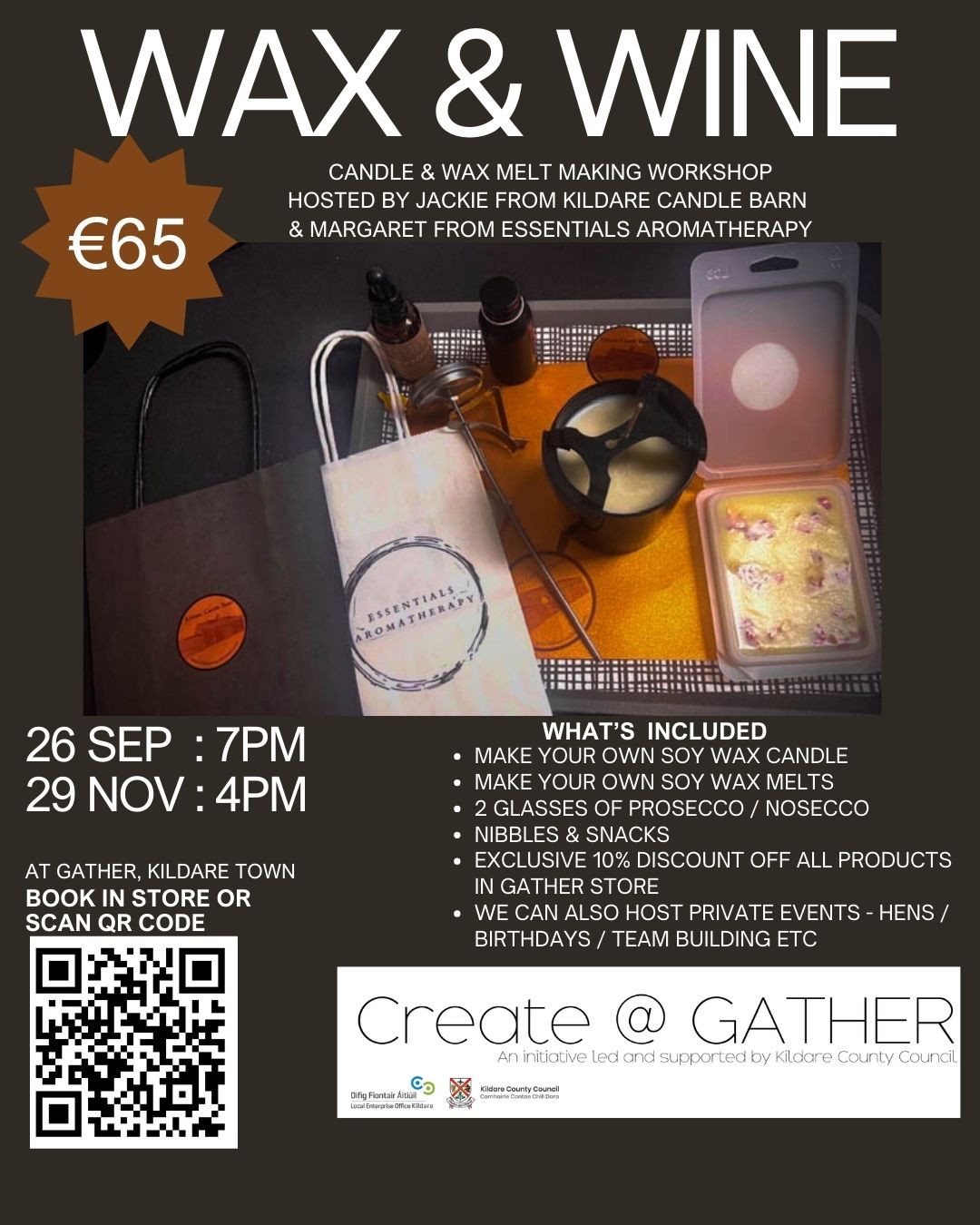 Wax & Wine Candle Making Workshop Poster. Shows Candles & Wax Melts and Candle Making Equipment.